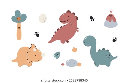 Conjunto con lindos dinosaurios. Triceratops, T-rex, Diplodocus. Para el diseño de los niños, tela, envoltura, tarjetas, textil, Fondo de pantalla, ropa. Ilustración de dibujos animados de Vector aislado en estilo plano sobre fondo blanco.