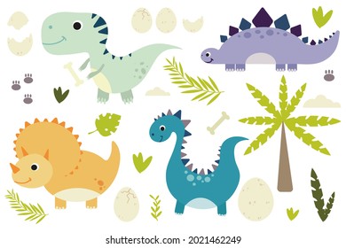 Set of cute dinosaurs with tropical leaves and palm, clouds and egg.Children's funny characters.Flat vector graphics
