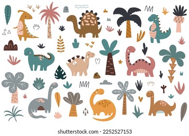 Set of cute dinosaurs and tropical plants. Vector illustration isolated on white background for your design