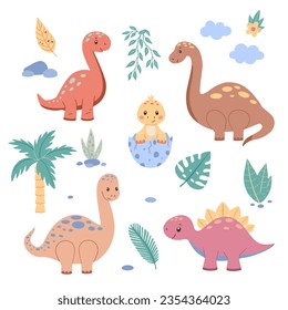 Set with cute dinosaurs and tropical plants. Childish vector illustration with clipart elements for design.