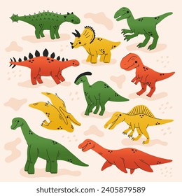 Set of cute dinosaurs. Tyrannosaurus,triceratops,ankylosaurus,stegosaurus,velociraptor,brachiosaurus,spinosaurus,mesosaurus, parasaurolophus.Simple vector illustration isolated on white background.