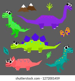 Set of cute dinosaurs. Vector cartoon background. Flat design. Baby illustration.