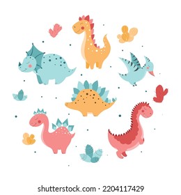 Set of cute dinosaurs, cute vector dinosaur illustrations, set of cartoon dinosaurs on white background, set of cartoon cacti, cute mountains