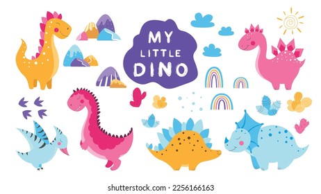 Set of cute dinosaurs, cute vector dinosaur illustrations, set of cartoon dinosaurs on white background, set of cartoon cacti, cute mountains