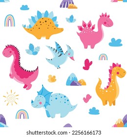 Set of cute dinosaurs, cute vector dinosaur illustrations, set of cartoon dinosaurs on white background, set of cartoon cacti, cute mountains