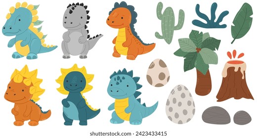 Set of cute dinosaurs. Vector illustration in modern style. Kawaii. Hand drawn.