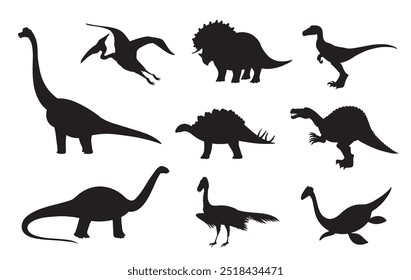 Conjunto de dinossauros bonitos, Ilustração Vetor. Coleção de dinossauros de desenhos animados pré-históricos fofos. silhueta Isolado no fundo branco.