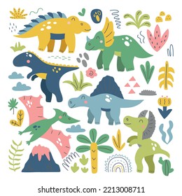 Set with cute dinosaurs. Vector isolated on white background, perfect for nursery decoration, holiday decor, posters and textiles.