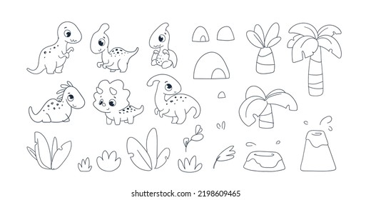 Set cute dinosaurs, volcano and tropical palm. Cartoon Print for baby posters, cards, clothes, decor room. Vector illustration