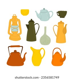 set of cute dishes. teapots, jug, lantern, mugs and vase.