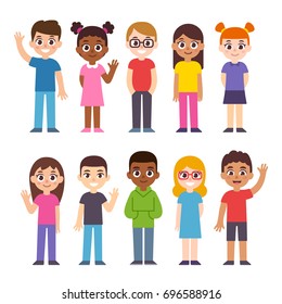 Set of cute diverse cartoon children. International group of kids, vector illustration.