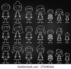 Set of Cute and Diverse Chalkboard Stick People in Vector Format