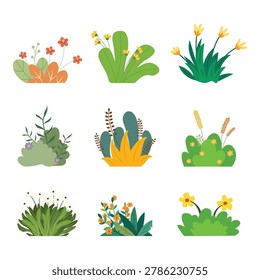 Set of cute diverse garden plants. Flat vector illustration of wild grass, floral bushes and small succulents for outdoor design.