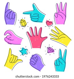 Set of cute Diverse Hands. Illustration in doodle style. Designation of numbers with hands, gestures isolated on white. Flat design. Hand drawn trendy Vector illustration.