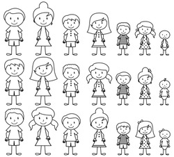 Set of Cute and Diverse Stick People in Vector Format, strokes expanded but image not flattened so different aspects of each person can be easily altered