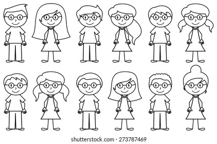 Set of Cute and Diverse Stick People in Vector Format, strokes expanded but image not flattened so different aspects of each person can be easily altered