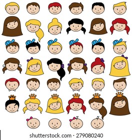 Set of Cute and Diverse Stick People Heads in Vector Format