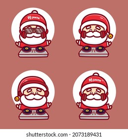 Set of cute dj santa character wear headphones and playing disc jokey on christmas. Mascot Cartoon vector