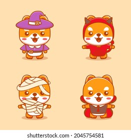 Set of cute dog animals wear halloween costume as witch, devil, mummy, and vampire. Cartoon vector