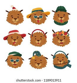 Set cute dog avatar with different cap and hat. Funny character doggy for different seasons. Face puppies with accessories, headphones, summer hats and flower wreaths. Vector