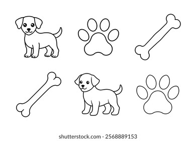 Set of cute dog, bone, paw silhouette vector art illustration