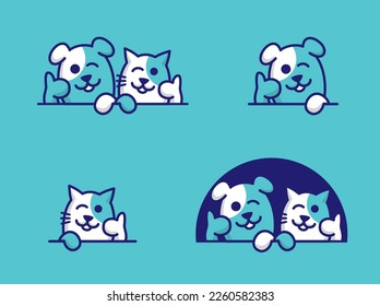 Set of cute dog and cat logo design. Thumbs up Dog and Cat logo.