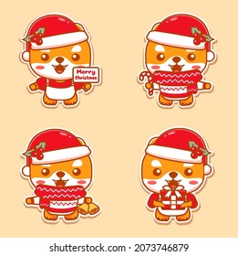 Set of cute dog celebrating christmas. Holding gift, merry christmas text, cand, and jingle bells. kawaii style