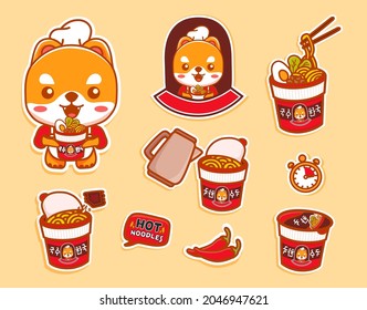 Set of cute dog character sticker and Hot spicy Instant noodles cup instruction . Kawaii Cartoon Vector 