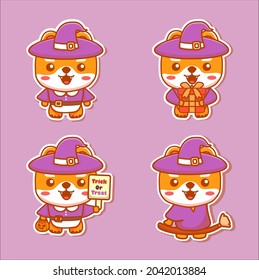 Set of cute dog characters wear witch costume for halloween. Kawaii vector sticker