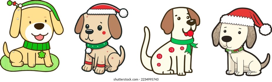 Set of Cute Dog with christmas hat, isolated on white background. christmas theme Puppy set. cute Puppy. for copy space and design assest. hand drawen cute dog cartoon style sticker. tshirt designs