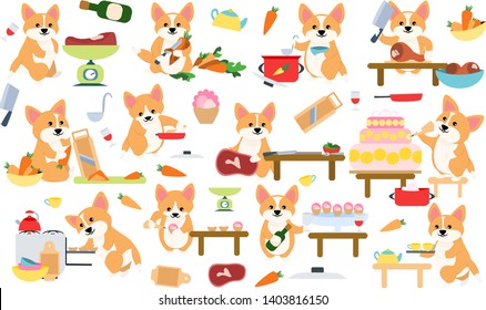  Set Cute dog corgi cooks are cooking in the kitchen. Baking cakes and pastries, cooking vegetables and meat. Cookware and things for cooking: pots, pans, gas stove. Vector illustration