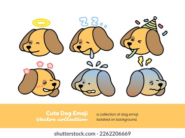 Un conjunto de emoticones de perro adorables que muestran el sueño, con un halo, fiesta y ser tímido, aislados en una ilustración vectorial de fondo.