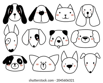 Set of cute dog face. Collection of funny cartoon puppy portrait. Lovely animal. Vector illustration of pedigreed pet. Logo of the dog. 