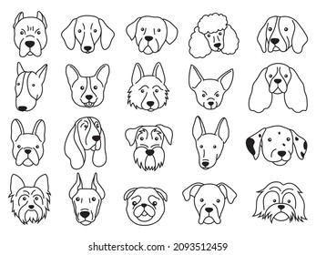 Set of cute dog face. Collection of funny cartoon puppy portrait. Lovely animal. Dog lover. Vector illustration of pedigreed pet. Veterinary icons. Logo of the dog. 
