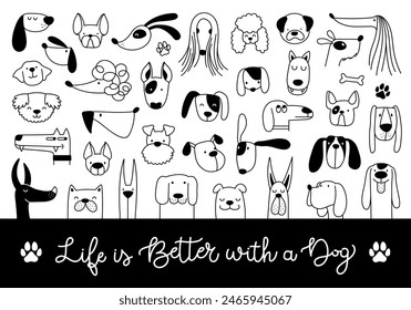 Set of cute dog face. Collection of funny cartoon puppy portrait. Lovely animal. Dog lover. Vector illustration of pedigreed pet