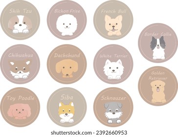 A set of cute dog faces poking out dog breed icons