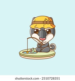 Conjunto lindo perro pescando peces en la isla kawaii chibi personaje mascota ilustración diseño de estilo de contorno