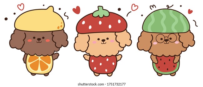 Set of cute dog in fruit costume hand drawn.Cartoon character design.Animal doodle.Kawaii.Vector.Illustration.