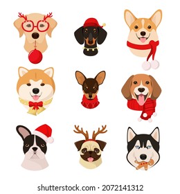 A set of cute dog heads on a white background. Christmas animals in cartoon style.