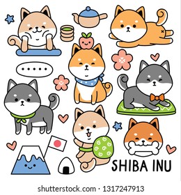 set cute dog japan shiba