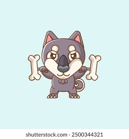 set Cute dog lifting bone barbel food kawaii chibi character mascot illustration outline style design