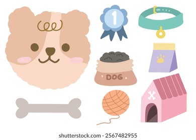 Set of cute dog pet element set with kawaii style. Suitable for flat design illustration, clip art, stickers, etc