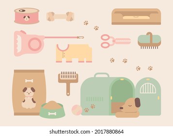 Set of cute dog and pet supplies. flat design style minimal vector illustration.