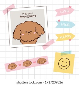 Set of cute dog photo with sticky tape on notebook paper hand drawn background.Cartoon animal doodle collection.Image for card,poster,decor,wallpaper.Kawaii.Vector.Illustration.