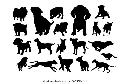 Set Of Cute Dog And Puppy Silhouette Vector