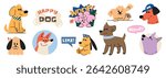 Set of cute dog sticker vector. Lovely dog doodle pattern in different poses and breeds. Adorable funny pet and many characters hand drawn collection for T-shirt, sticker, print, pet shop.