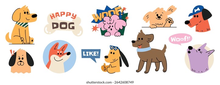 Conjunto de vetor de adesivo de cachorro bonito. Padrão de rabiscar cão adorável em poses e raças diferentes. Adorável divertido animal de estimação e muitos personagens mão desenhado coleção para camiseta, adesivo, impressão, pet shop.