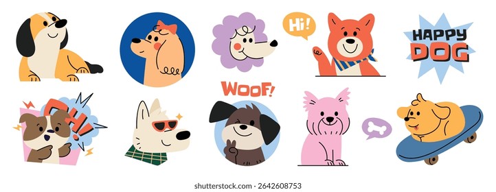Set of cute dog sticker vector. Lovely dog doodle pattern in different poses and breeds. Adorable funny pet and many characters hand drawn collection for T-shirt, sticker, print, pet shop.