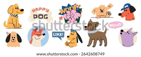 Set of cute dog sticker vector. Lovely dog doodle pattern in different poses and breeds. Adorable funny pet and many characters hand drawn collection for T-shirt, sticker, print, pet shop.