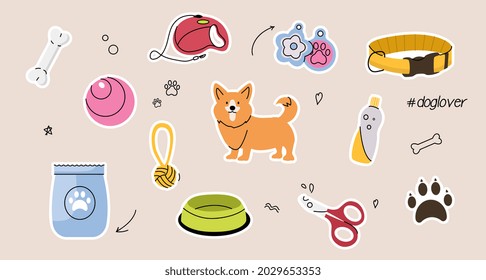 Set of cute dog supplies and equipment on yellow pastel background. Food, toys, home, collar, leash, tag, bone and other essential elements. Pet shop or store. Flat cartoon vector illustration